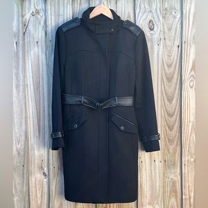 COLE HAAN Zippered Belted Wool/Leather Trim Coat